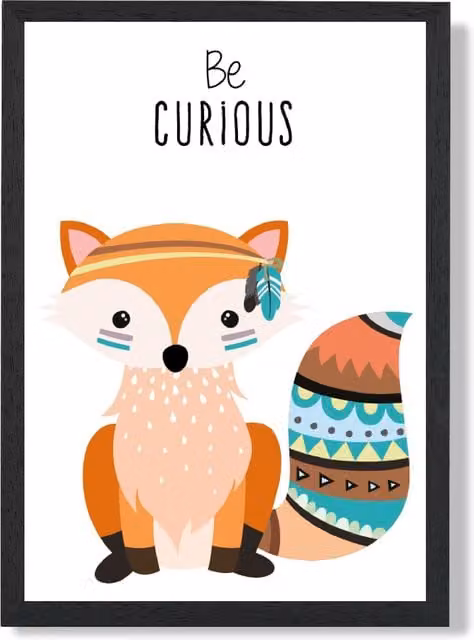 ARTZE Be Curious Fox Tribal Animal Quote Framed Print, Orange and Black, A2