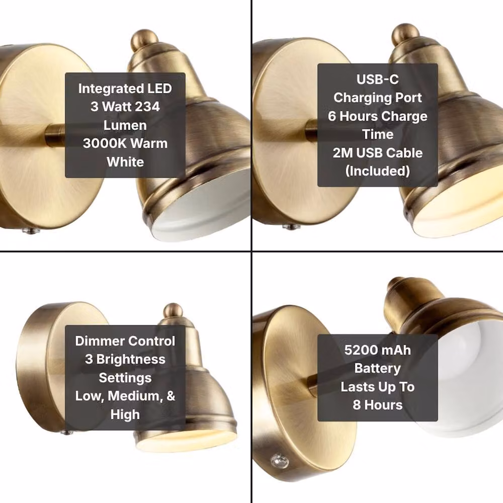 Happy Homewares Modern Rechargeable Dimmable Compact LED Spot Wall Light Fitting in Gold/Brass – 5