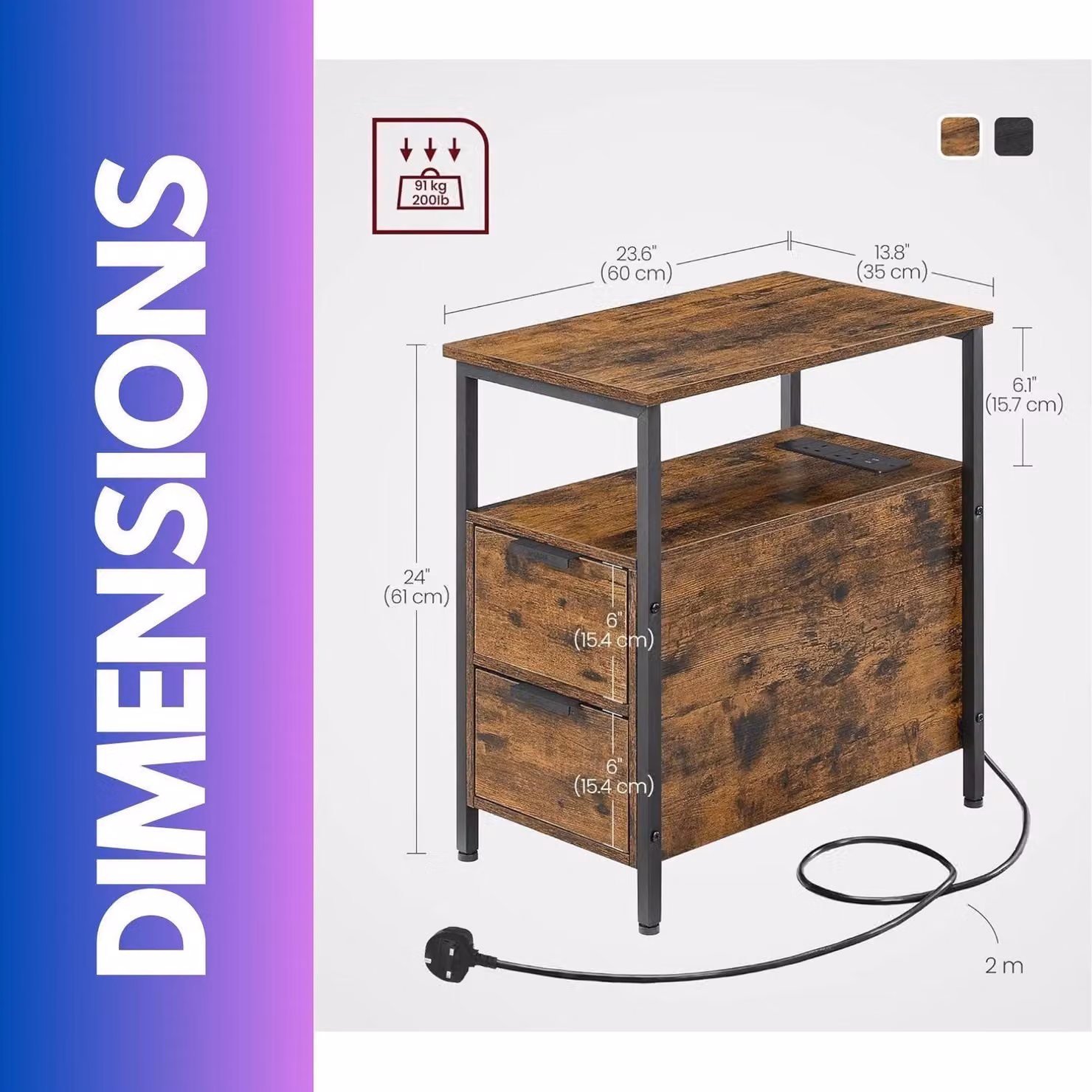 FURNOS Slim Bedside Table with Power and USB Outlets in Brown – 2