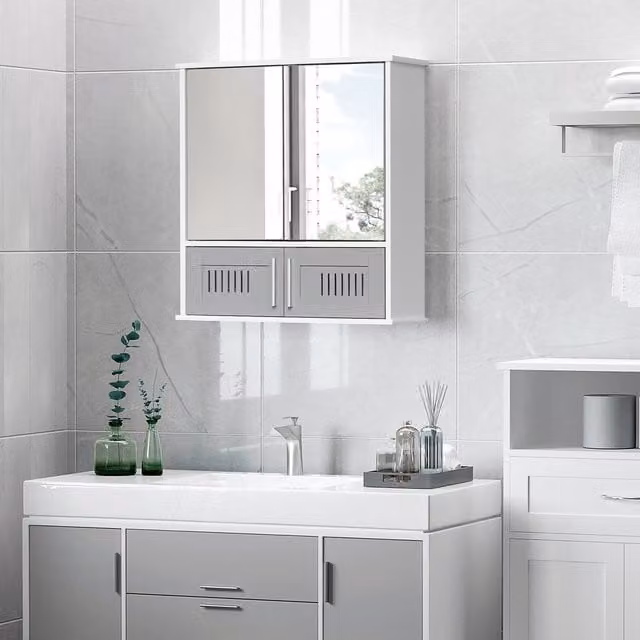 Kleankin Grey Lacquered Wall Mounted Bathroom Mirror Cabinet with Double Hinged Doors
