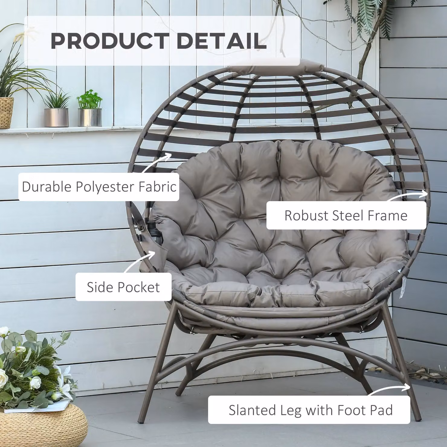 Outsunny Egg Chair with Soft Cushion and Side Pocket in Brown with Metal Frame – 4