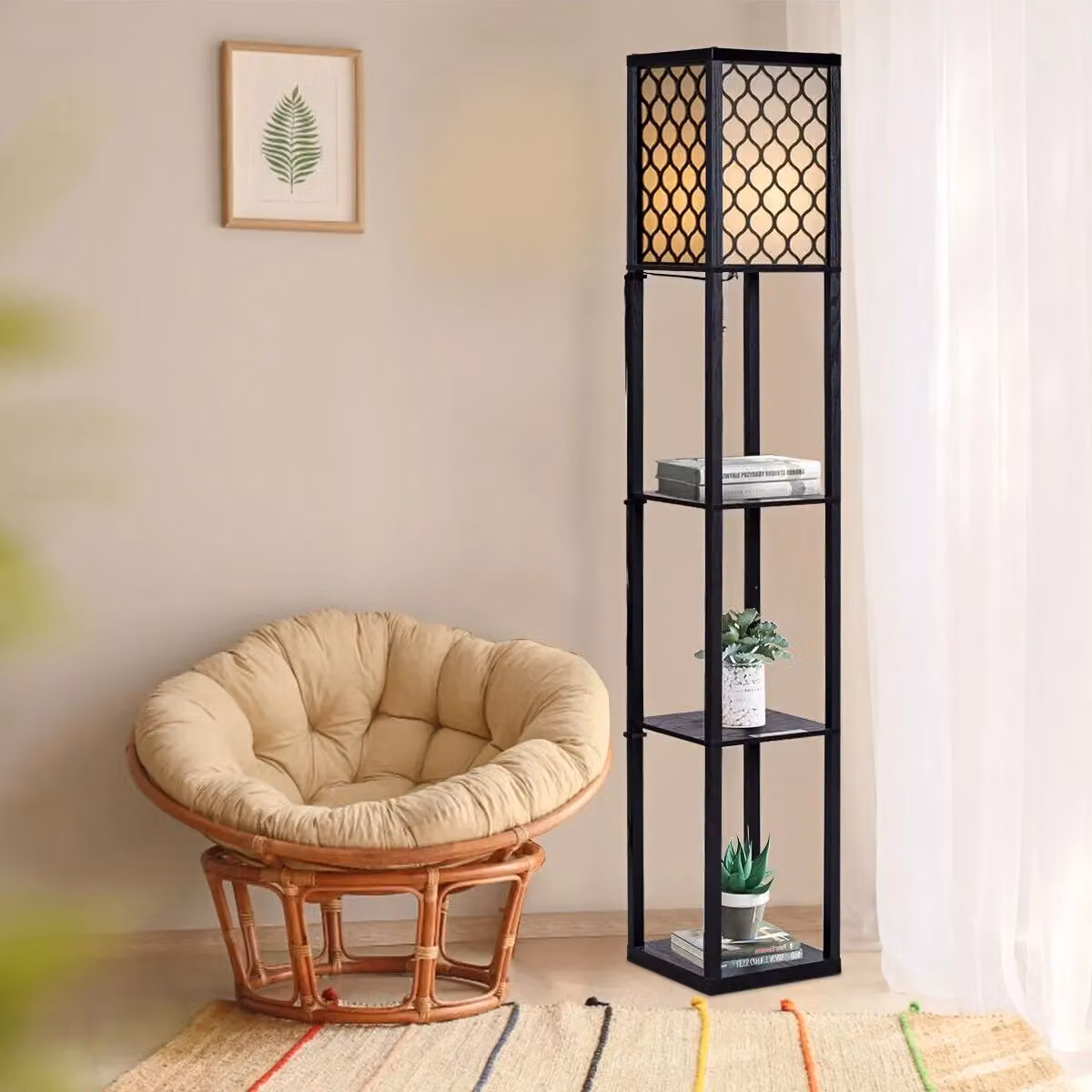 Costway Modern Black Floor Lamp with 3 Tier Metal Storage Shelves and E27 Socket, H 160 x W 26 x D 26 cm – 3