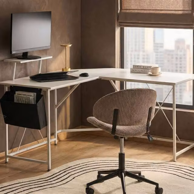 Wyld and Coco L-Shaped Corner Desk with White MDF Wood Top and Powder Coated Iron Legs