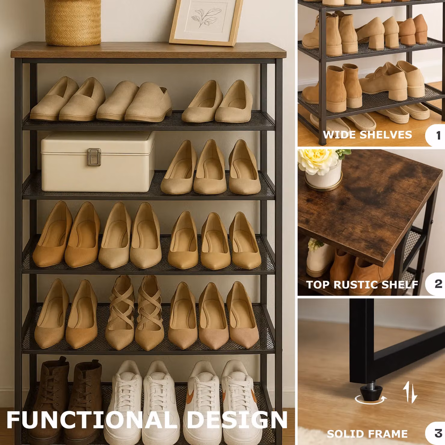 Rafaelo Mobilia 8-Tier Industrial Shoe Rack in Brown and Black with Detachable Mesh – 4