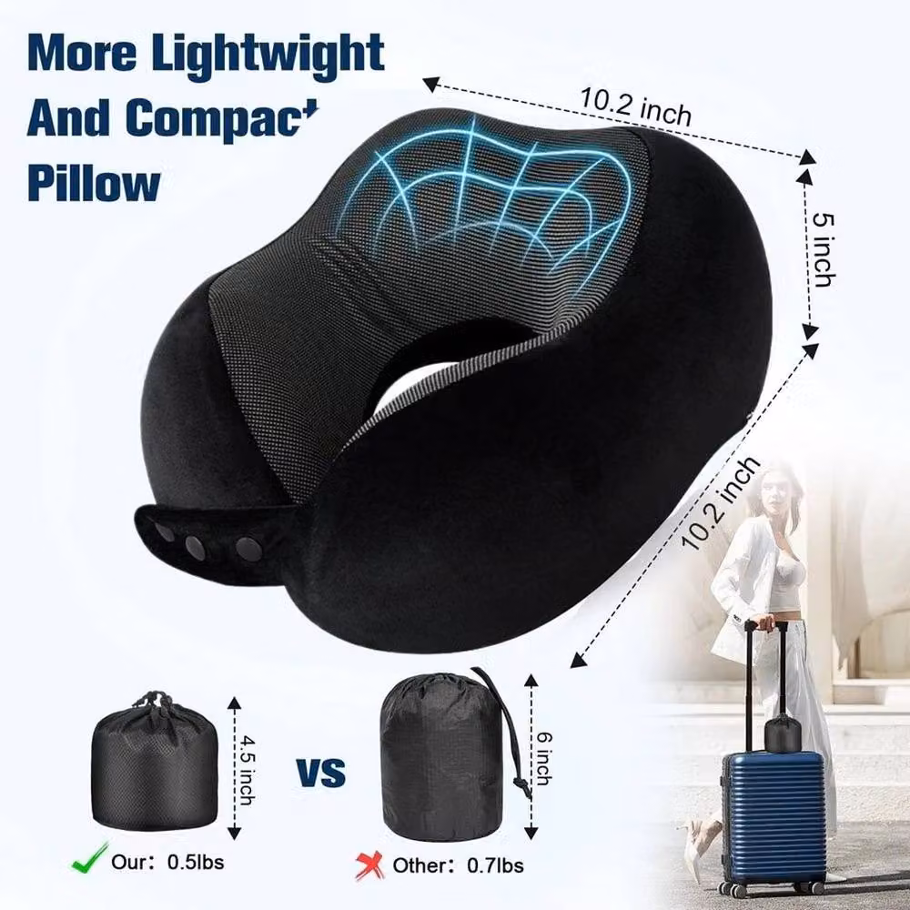 Kelvenix Black U-Shaped Memory Foam Travel Neck Pillow with Removable Breathable Velvet Cover – 2