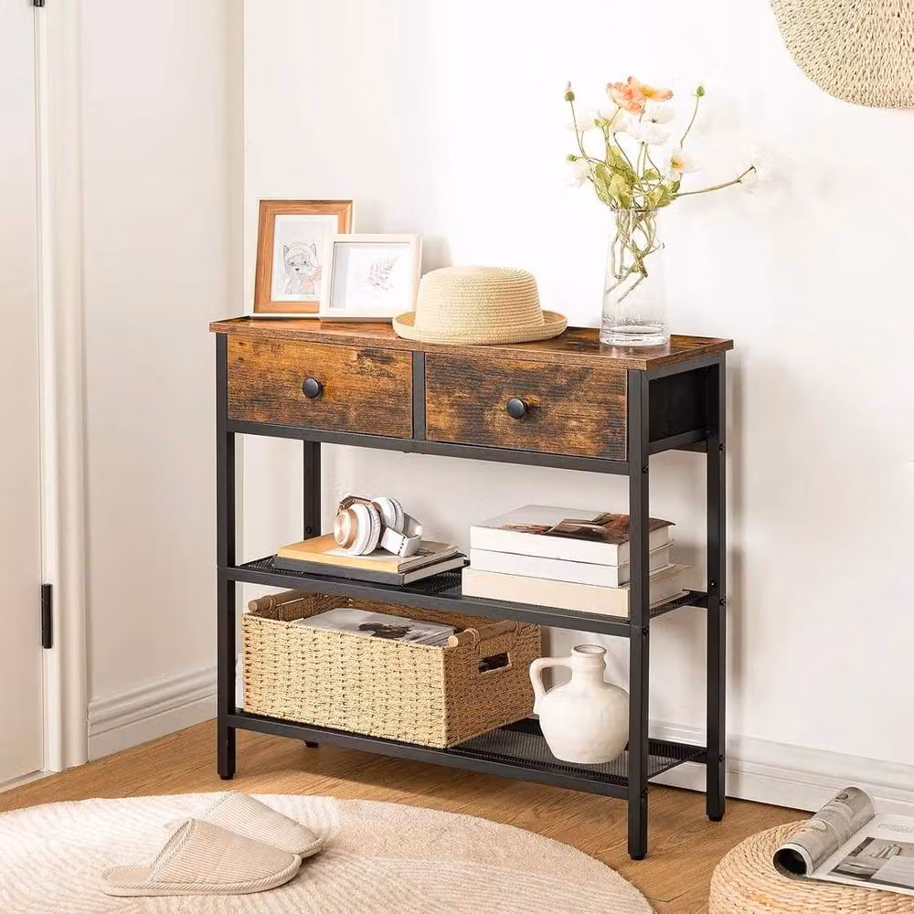 KORVIXA Rustic Brown and Black Rectangular Hallway Console Table with Metal and Wood Construction – 3