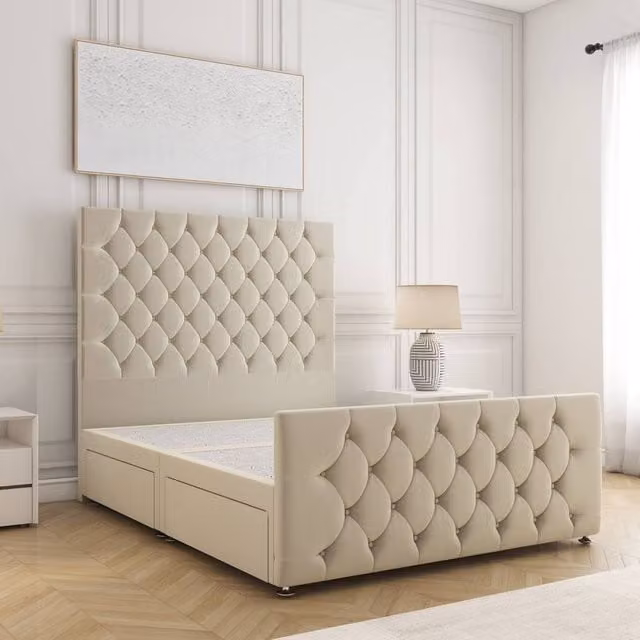 BSSPOKE Maya Velvet Divan Bed with 54 inch Headboard and 2 Drawers on Same Side in Beige, W/D/H: 90 x 190 cm