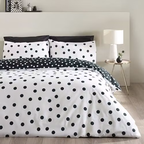 Catherine Lansfield Reversible Polka Dot Duvet Cover and Pillowcase Set, Black and White, Duvet Cover: 180 x 200 cm, Pillowcases: 50 x 75 cm – 2