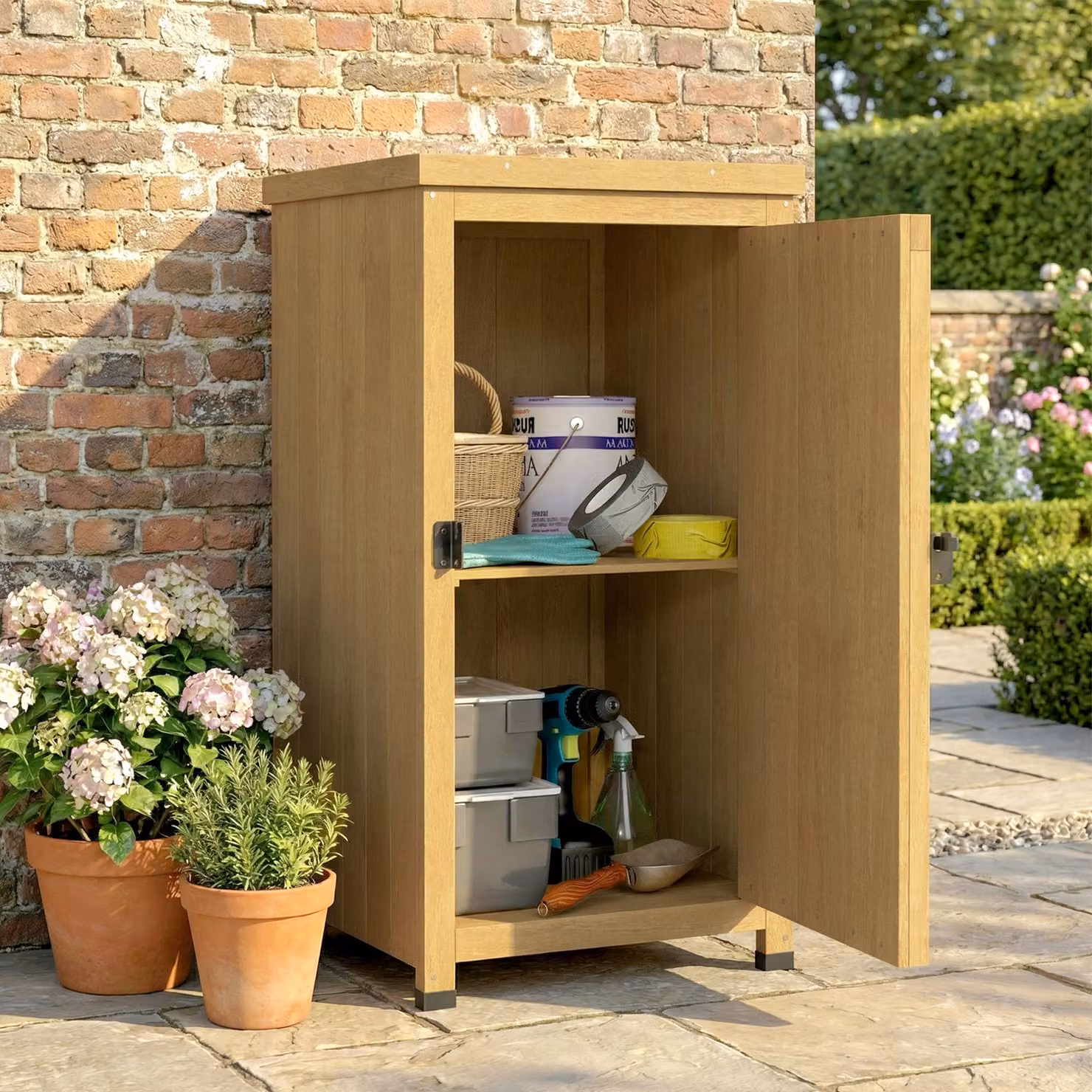 Outsunny Wooden Garden Tool Storage Shed with Internal Shelving and Metal Top, Brown – 6