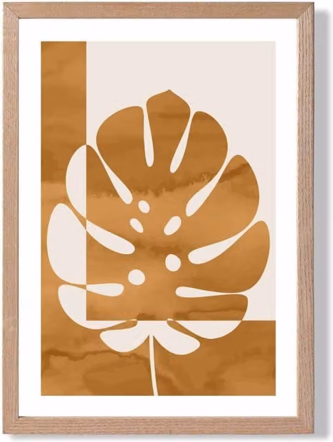 ARTZE Mustard Monstera Mid Century Tropical Framed Print with Oak Frame, A2