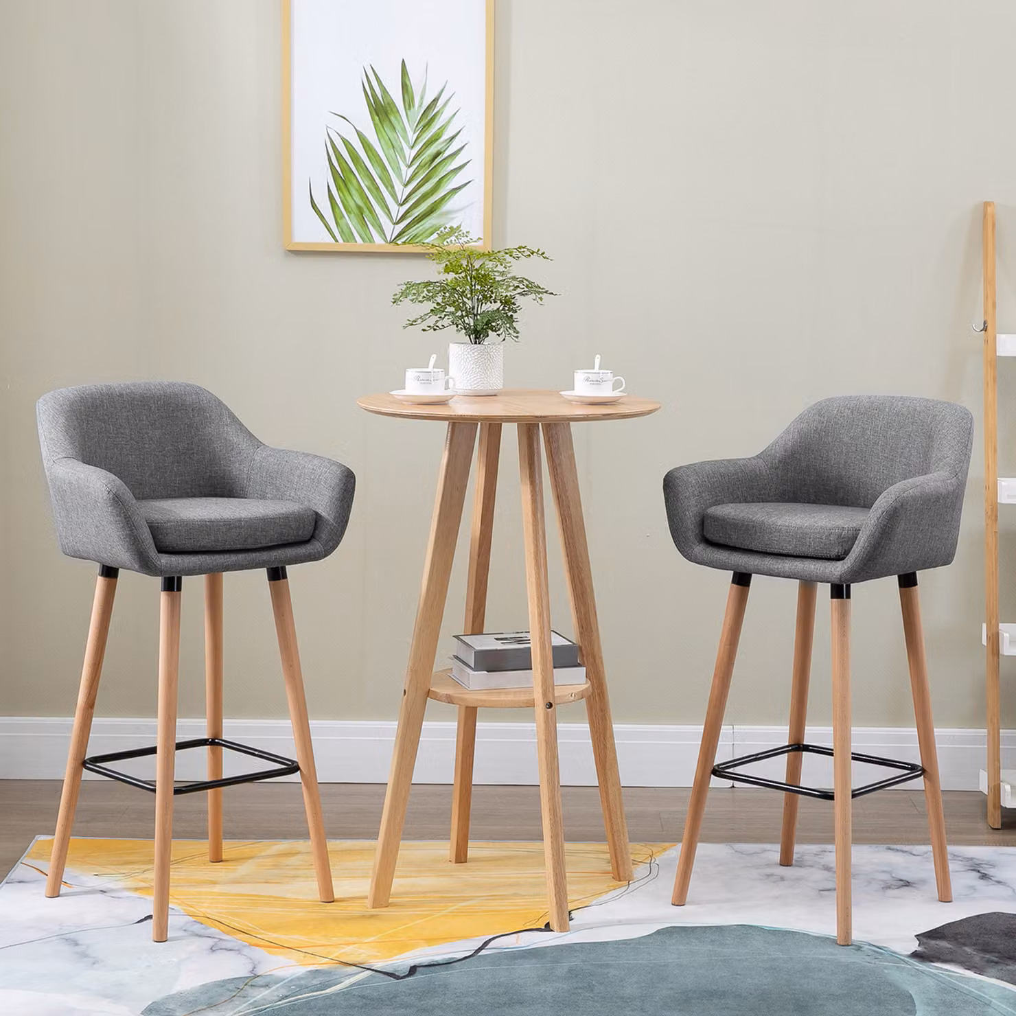 HOMCOM Set of 2 Grey Wooden Bar Stools with Linen Upholstery – 2