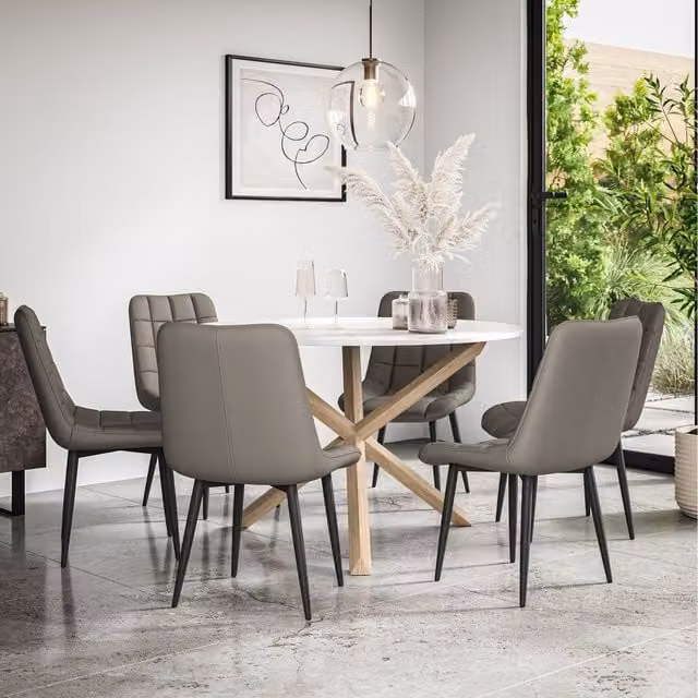 More4Homes Malvern Round Marble Effect Dining Table Set with Oak Legs and 6 Grey Nova Dining Chairs