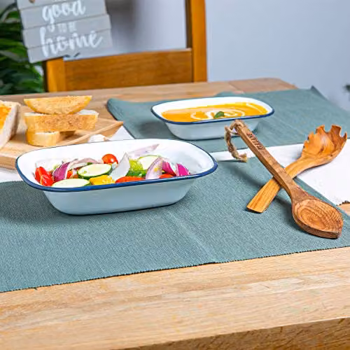 Argon Tableware 2 Piece White and Blue Enamel Rectangular Pie Dish Set – 3