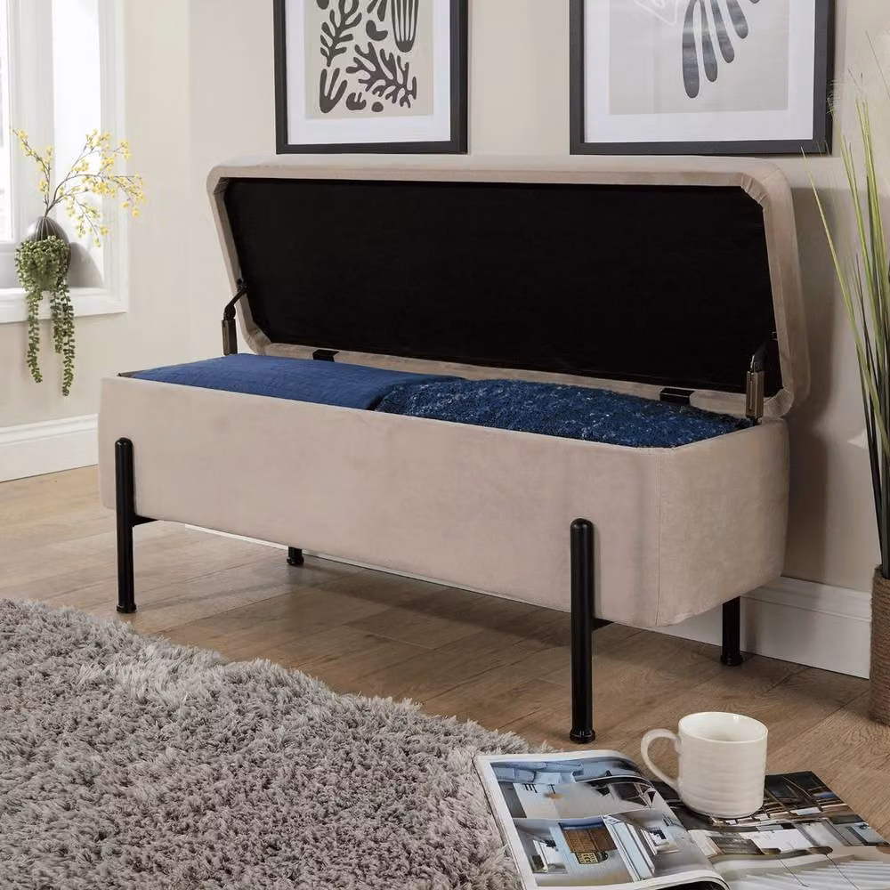 FORGEVIO Grey Velvet Compact Storage Seat with Metal Legs – 3