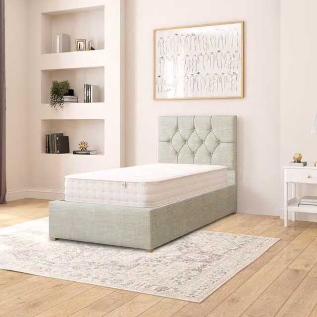Aspire Olivier Upholstered Fabric Ottoman Storage Bed in Blue/Green, W/D/H: 90 x 190 cm