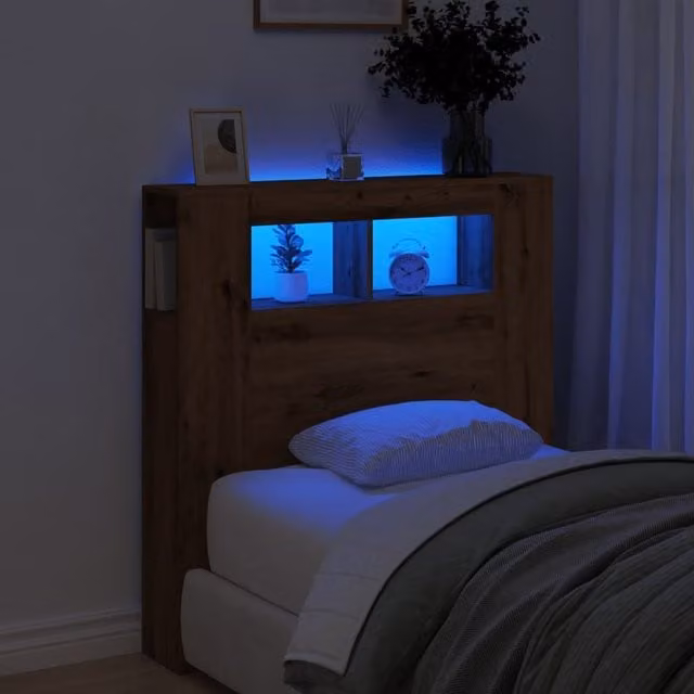 Berkfield Home Artisan Oak LED Headboard in Brown with Integrated Shelf and USB Charging Port, W/D/H: 100 x 18.5 x 103.5 cm