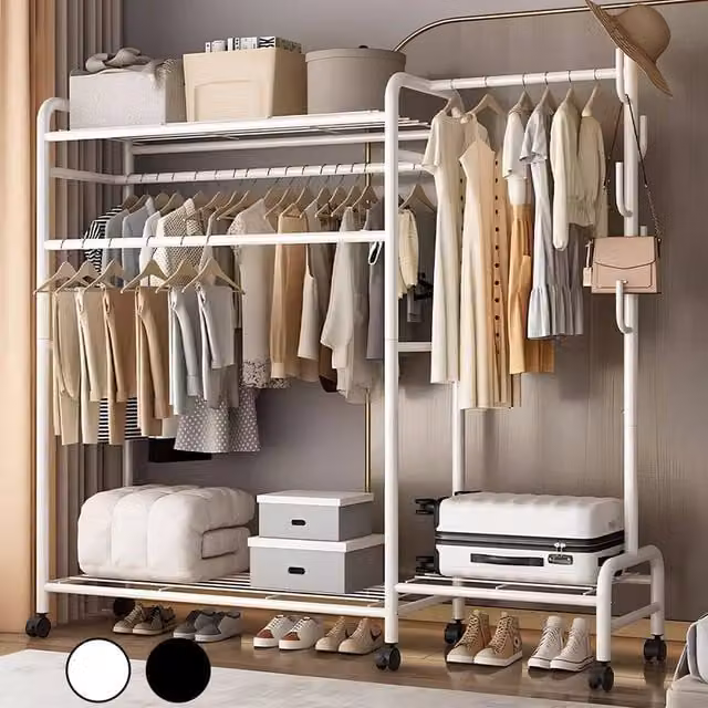 EONLION White Metal Double Clothes Rail Stand Garment Hanging Rack