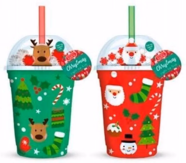 KDMD Christmas Light Up Tumbler Cold Drink Cups, 2 Pack, Multicolour and Transparent Assorted Designs