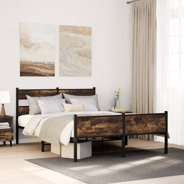 Berkfield Home Metal Bed Frame in White and Smoked Oak, W/D/H: 160 x 200 cm