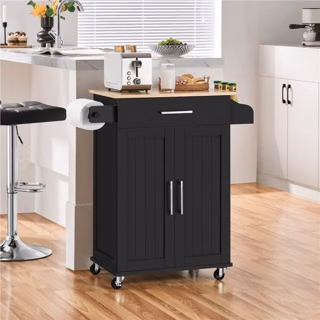 Yaheetech Modern Rolling Kitchen Island Cart with Storage in Black