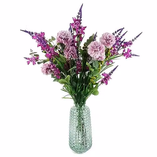 Leaf Design Mixed Floral Artificial Flower Display with Glass Vase in Green, Pink and Purple, H 80 cm x W 60 cm x D 60 cm