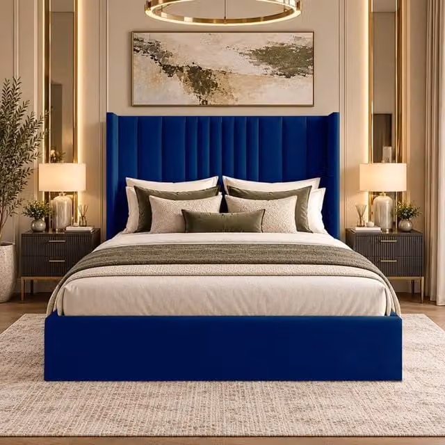Desire Deco Adeline Blue Plush Velvet Wingback Ottoman Storage Bed Frame, Double (W: 140 cm, L: 200 cm)