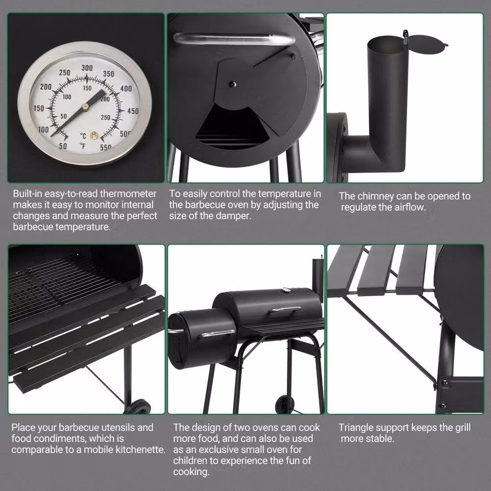 KORVIXA Large Offset Barrel Charcoal Smoker Barbecue in Black, W: 100 cm – 4