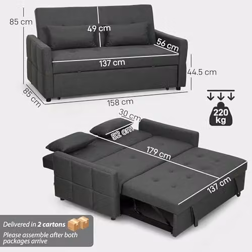 HOMCOM 2 Seater Click Clack Sofa Bed in Grey Fabric with Sleeping Function – 3