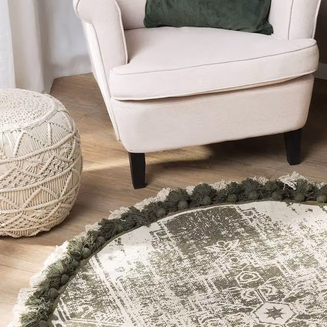 Wyld and Coco Round Cotton Oriental Woven Rug in Green and Beige, Diameter: 120 cm