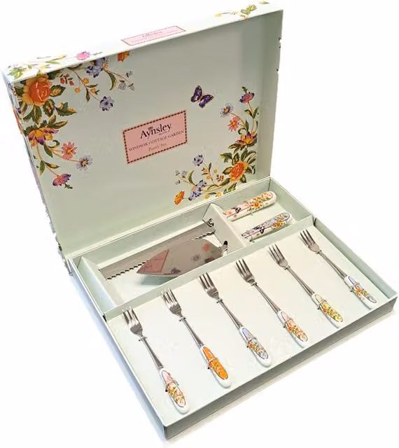 Aynsley Cottage Garden Multicolour Floral Bone China and Stainless Steel Pastry Set