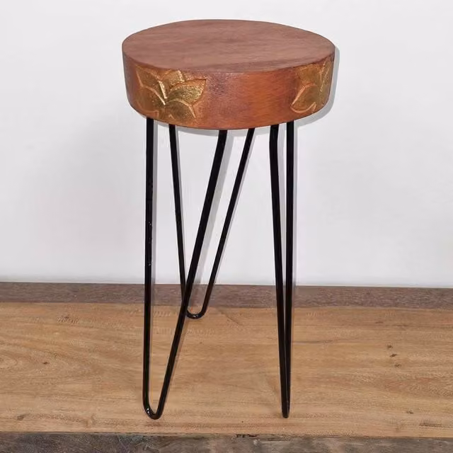 KDMK Industrial Round Wood Plant Stand in Brown and Black with Matt Finish