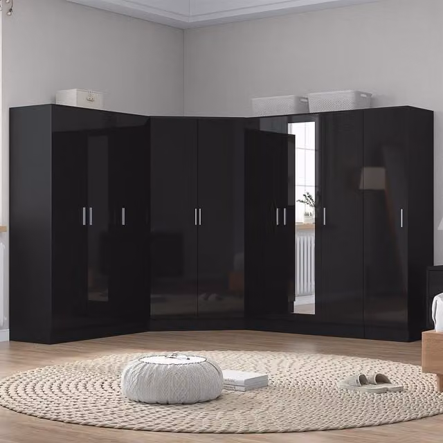REFLECT 4pc Wardrobe Bundle in Black Gloss, featuring a 2 Door Corner, 3 Door Mirrored, 3 Door Plain and 1 Door Plain Wardrobe, H 180 cm x W 179 cm x D 103 cm