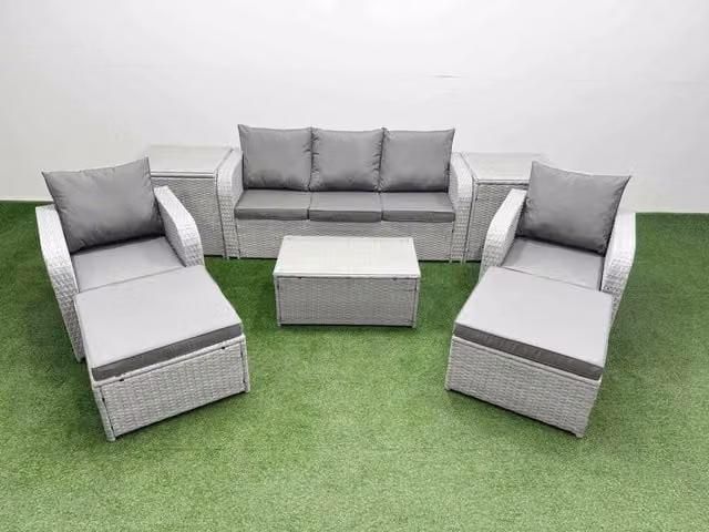 Fimous PE Rattan Garden Furniture Set in Light Grey with 3-Seater Sofa, Reclining Armchairs, Coffee Table, Side Tables and Ottomans