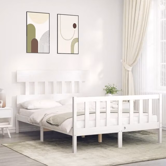Berkfield Home White Solid Pine Wood Bed Frame with Headboard W/D/H: 140 x 200 cm