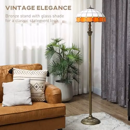 HOMCOM Vintage Tiffany-Style Floor Lamp with Handcrafted Stained Glass Shade in Orange and Bronze Tone, Height: 152 cm – 3