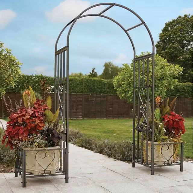 Gr8 Garden Metal Garden Patio Arch with Planters and Plant Trellis, Black