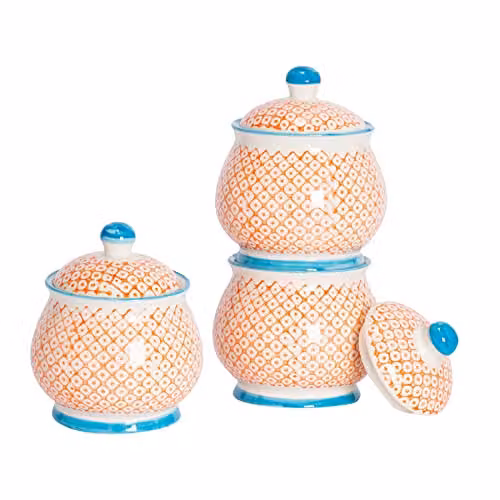 Nicola Spring Geometric Patterned Porcelain Sugar Bowls with Lids, Pack of 3, Orange and Blue