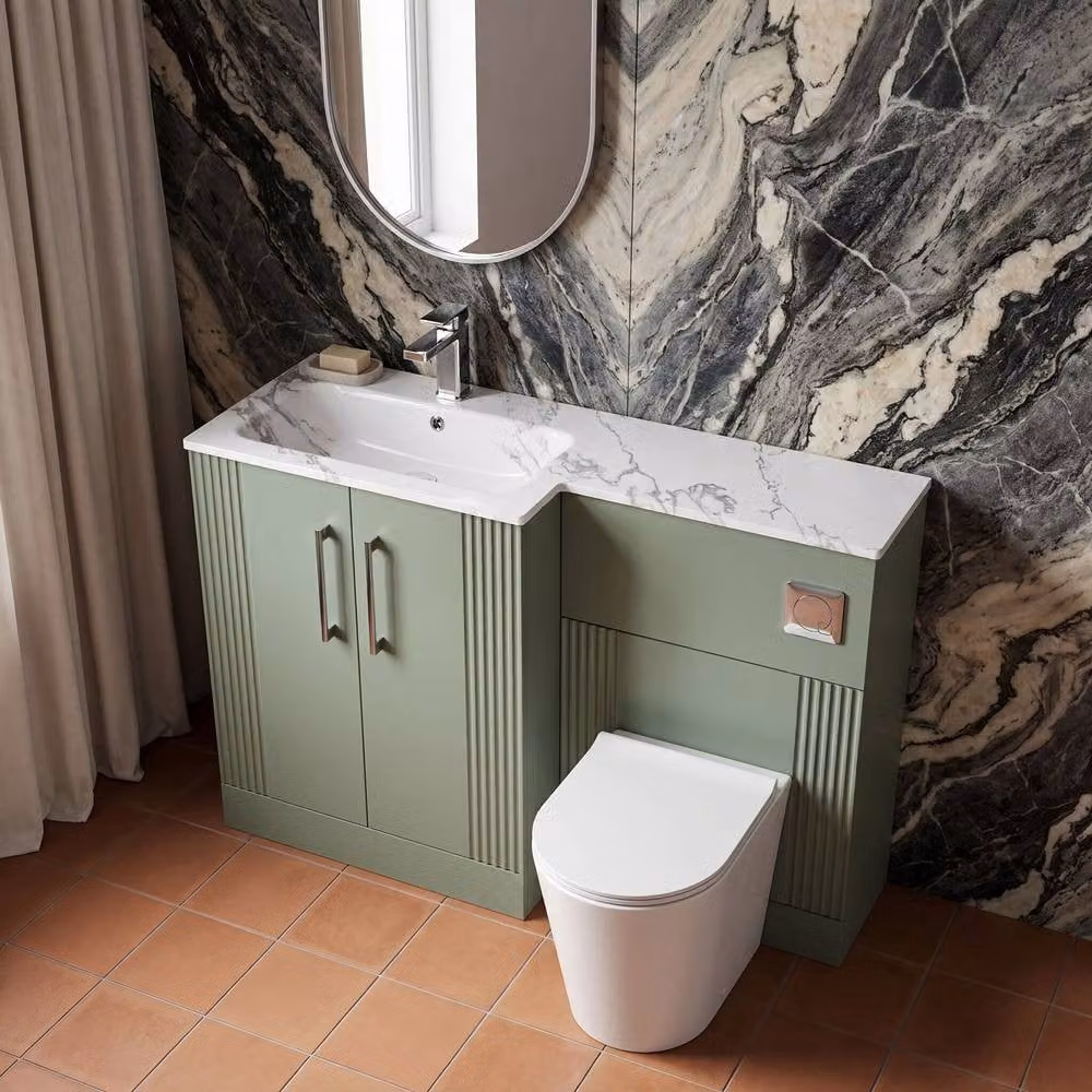Balterley Belvide Green 2 Door Freestanding WC Vanity Unit with Carrera Stone Basin, Left Hand, Width: 110 cm – 2