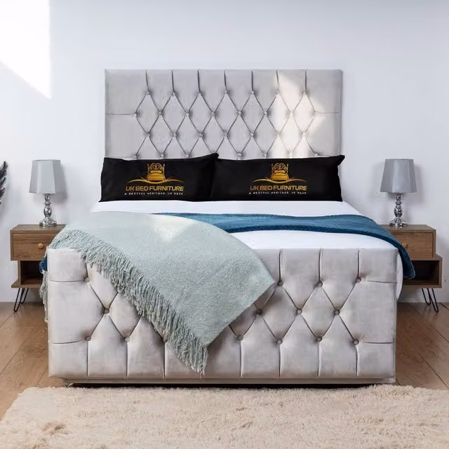 UK Bed Furniture Jublie Divan Bed Base with 26 Inch Headboard in Silver, Small Double, W/D/H: 120 x 200 cm