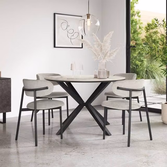 More4Homes Calne Calcutta Gold Ceramic Round Dining Table and 6 Myla Grey Linen Chairs – 1