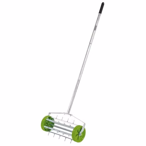 Draper Manual Rolling Lawn Aerator in Green with 450 mm Spiked Galvanised Steel Drum – 1