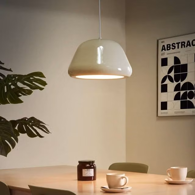 Wyld and Coco Vintage Beige Round Metal and Glass Suspended Pendant Lamp