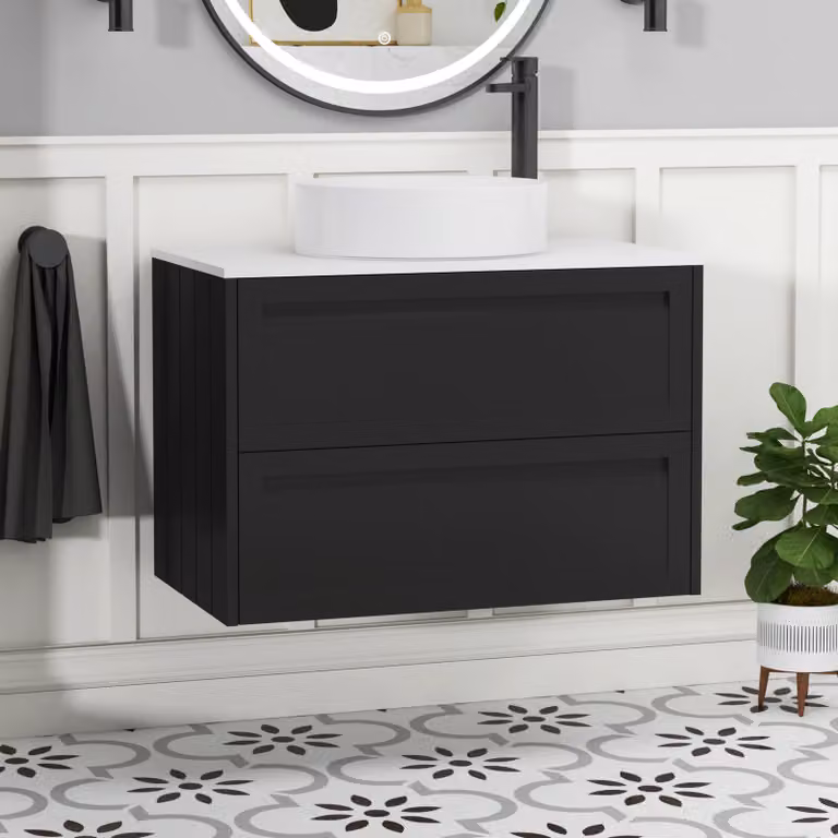 Royal Bathrooms Elmore 800mm Wall Hung Vanity Unit in Matt Nocturne Black with 2 Drawers, Plain White Worktop and Art Basin