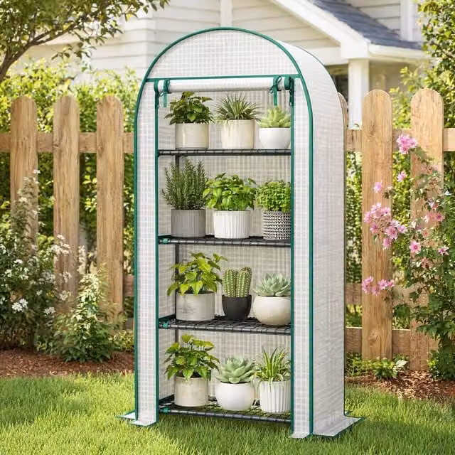 STILVORA 4 Tier Mini Greenhouse with Zipped Door in White