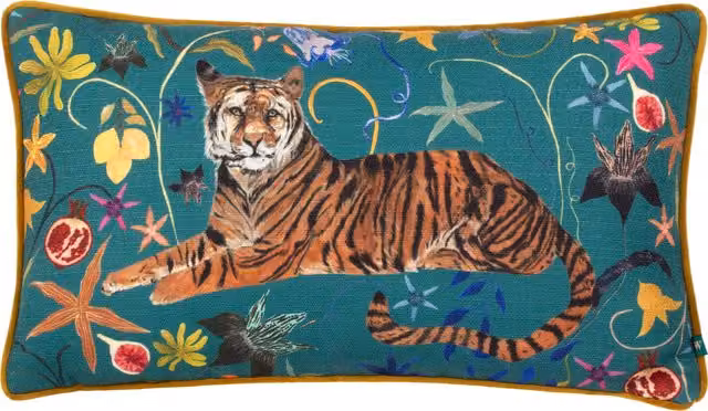 Make it a Home Multicolour Blue Floral Animal Velvet Rectangular Feather Cushion