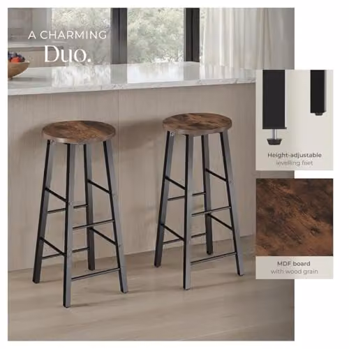 tectake Set of 2 Modern Minimalist Bar Stools with Industrial Steel Frames and Wood-Look Seats in Brown – 5