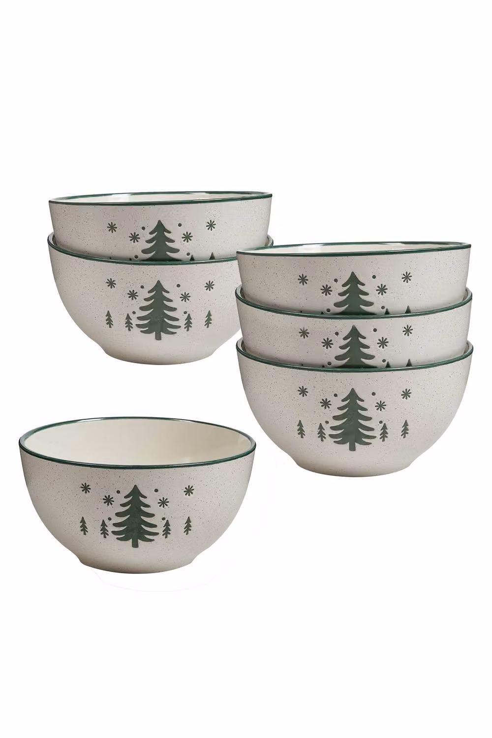 Dibor Snowy Forest Christmas Stoneware Dessert Bowls, Set of 6, White and Green, Diameter: 14.2 cm – 2