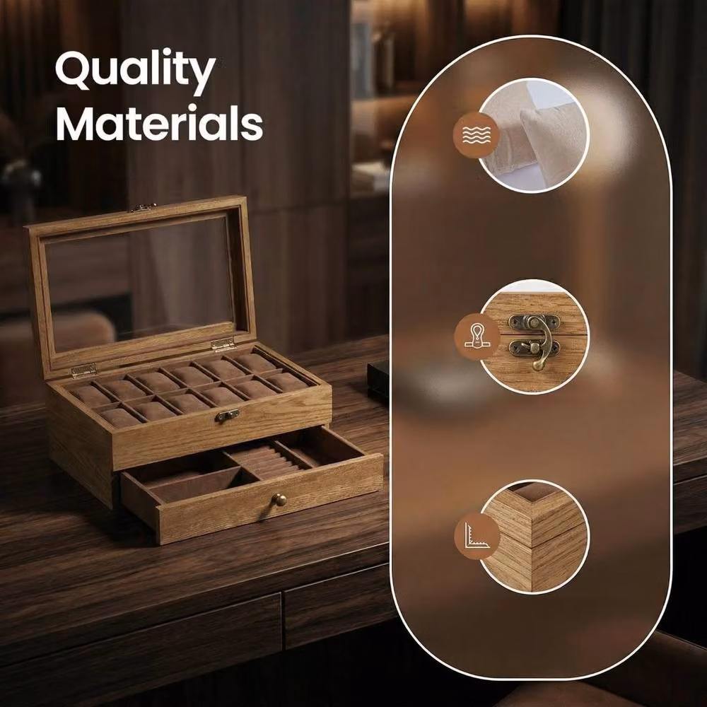EONLION Brown Solid Wood Watch Box with 12 Slots – 3