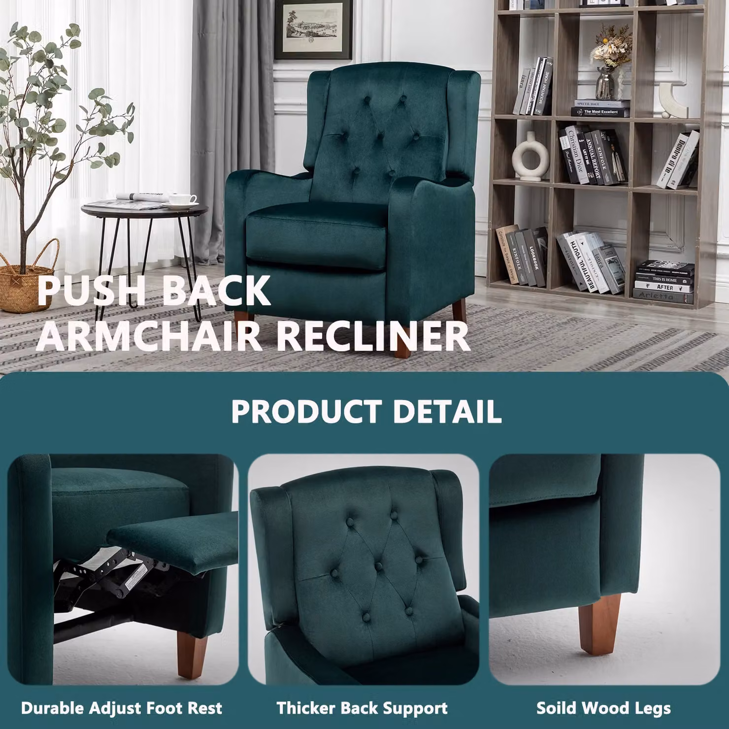 FURNITURE ONE Green Velvet Wingback Recliner Armchair with Adjustable Backrest and Integrated Footrest – 3