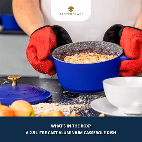 MasterClass Cast Aluminium Casserole Dish with Self Basting Lid, Blue, Diameter: 20 cm, Volume: 2.5 l – 2